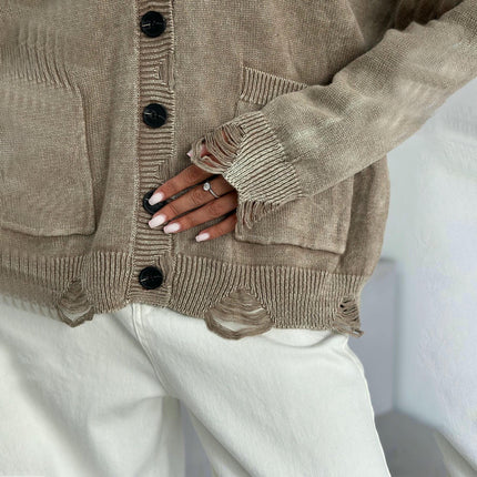 Women's Tattered Knit Cardigan Jacket Vintage Button Pocket Knit Sweater Winter
