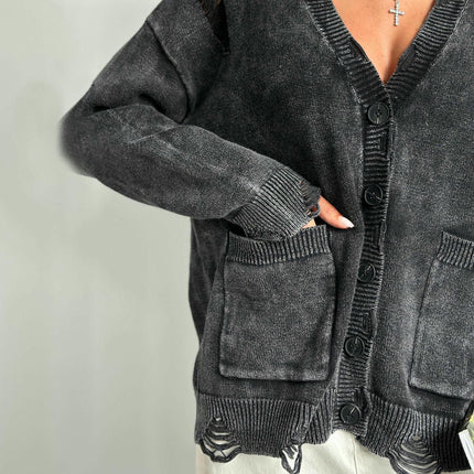 Women's Tattered Knit Cardigan Jacket Vintage Button Pocket Knit Sweater Winter