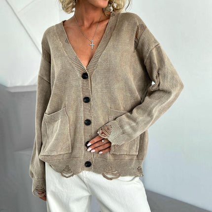 Women's Tattered Knit Cardigan Jacket Vintage Button Pocket Knit Sweater Winter