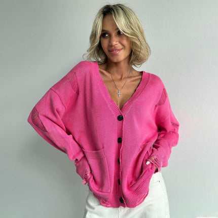 Women's Tattered Knit Cardigan Jacket Vintage Button Pocket Knit Sweater Winter
