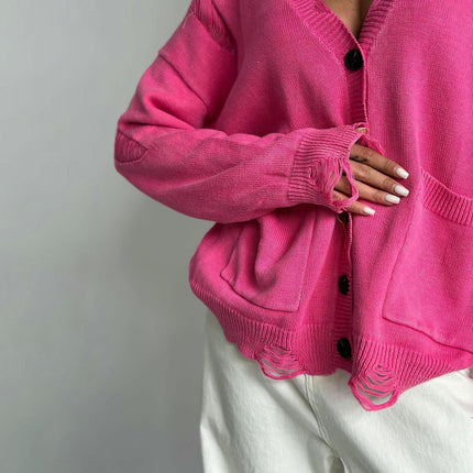 Women's Tattered Knit Cardigan Jacket Vintage Button Pocket Knit Sweater Winter