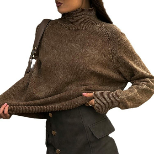 Old Style Turtleneck Pullover Sweater Retro Long Sleeve Ribbed Knit Top Women