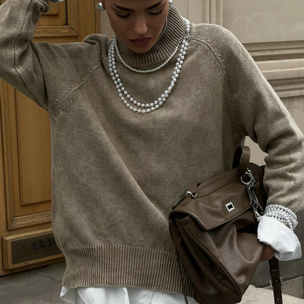 Old Style Turtleneck Pullover Sweater Retro Long Sleeve Ribbed Knit Top Women