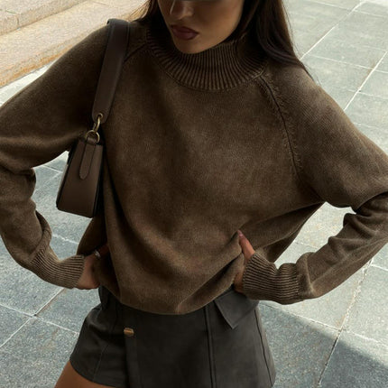 Old Style Turtleneck Pullover Sweater Retro Long Sleeve Ribbed Knit Top Women