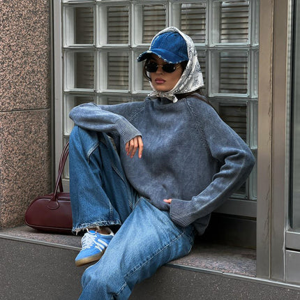 Old Style Turtleneck Pullover Sweater Retro Long Sleeve Ribbed Knit Top Women