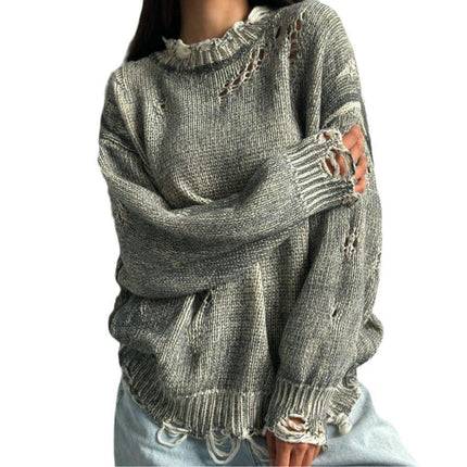 Women's Round Neck Pullover Sweater Tattered Hollow Long Sleeve Knitted Top