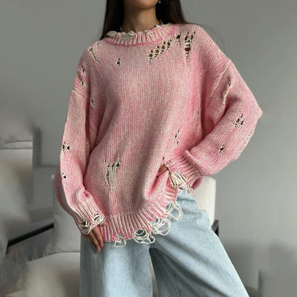 Women's Round Neck Pullover Sweater Tattered Hollow Long Sleeve Knitted Top