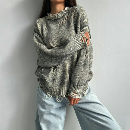 Women's Round Neck Pullover Sweater Tattered Hollow Long Sleeve Knitted Top