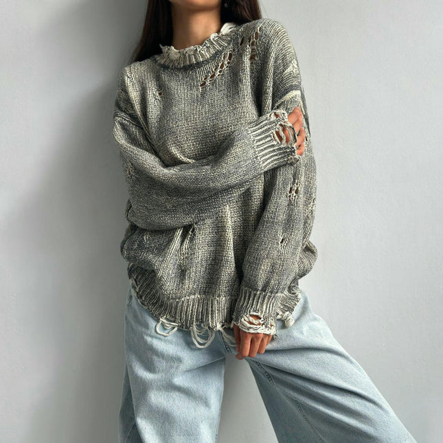 Women's Round Neck Pullover Sweater Tattered Hollow Long Sleeve Knitted Top