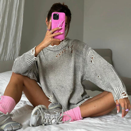 Women's Round Neck Pullover Sweater Tattered Hollow Long Sleeve Knitted Top