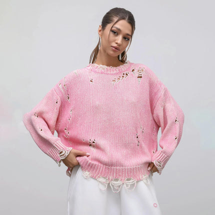 Women's Round Neck Pullover Sweater Tattered Hollow Long Sleeve Knitted Top