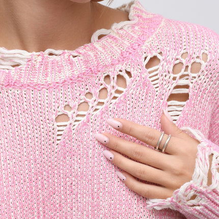 Women's Round Neck Pullover Sweater Tattered Hollow Long Sleeve Knitted Top