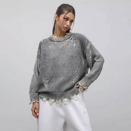 Women's Round Neck Pullover Sweater Tattered Hollow Long Sleeve Knitted Top