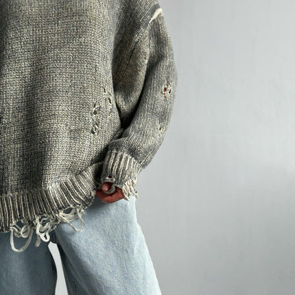 Women's Round Neck Pullover Sweater Tattered Hollow Long Sleeve Knitted Top