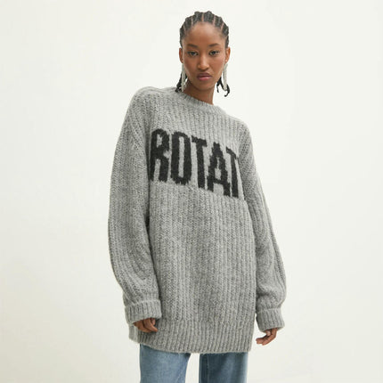Women's Winter Letter Jacquard Sweater Round Neck Chunky Knit Loose Pullover