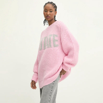 Women's Winter Letter Jacquard Sweater Round Neck Chunky Knit Loose Pullover