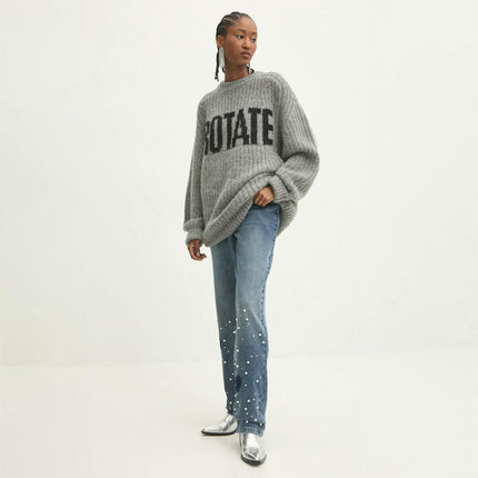 Women's Winter Letter Jacquard Sweater Round Neck Chunky Knit Loose Pullover