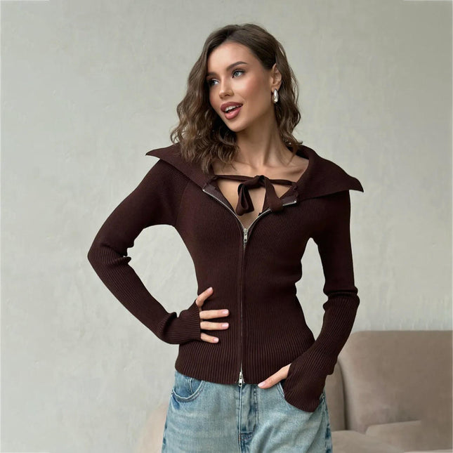Autumn Double Zipper Knit Cardigan Women Lapel Jacket Tight Long Sleeve Top