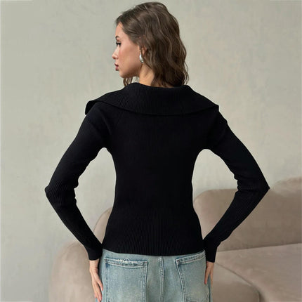Autumn Double Zipper Knit Cardigan Women Lapel Jacket Tight Long Sleeve Top
