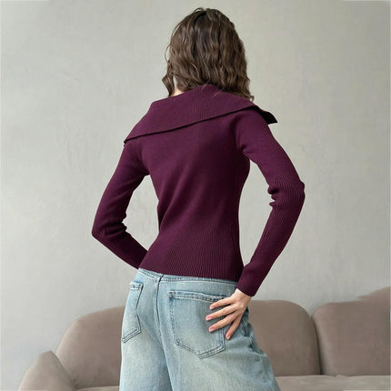 Autumn Double Zipper Knit Cardigan Women Lapel Jacket Tight Long Sleeve Top