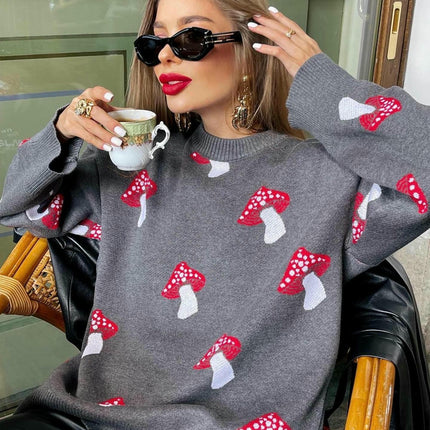 Loose Mushroom Sweater Women's Round Neck Long Sleeve Pullover Knitted Sweater Top