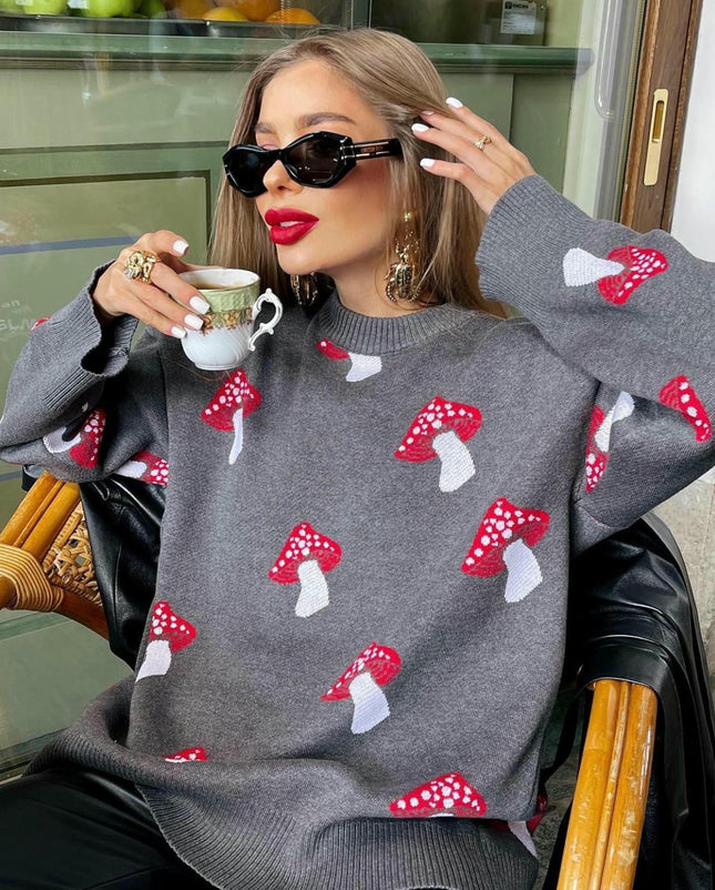 Loose Mushroom Sweater Women's Round Neck Long Sleeve Pullover Knitted Sweater Top