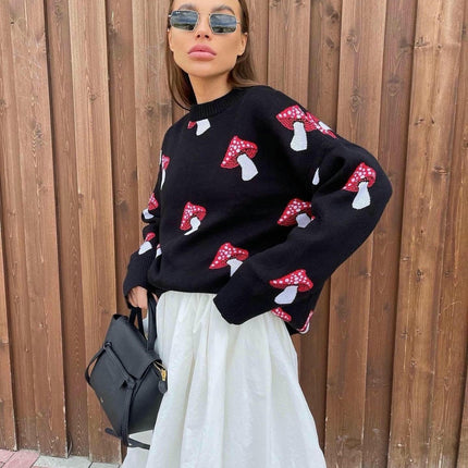Loose Mushroom Sweater Women's Round Neck Long Sleeve Pullover Knitted Sweater Top