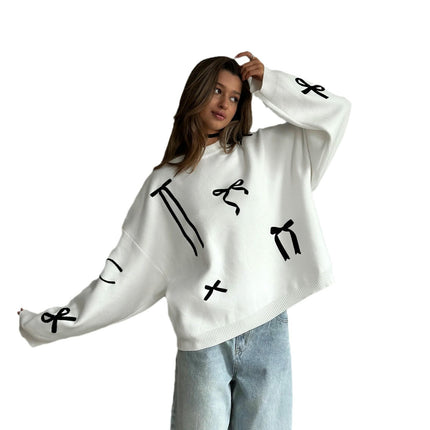 Women's Bow Contrast Color Pullover Lazy Loose Long Sleeve Knitted Sweater