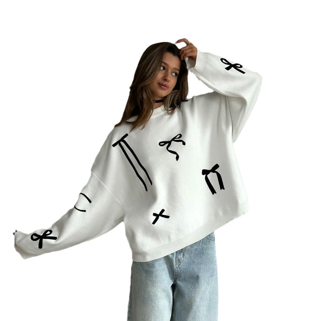 Women's Bow Contrast Color Pullover Lazy Loose Long Sleeve Knitted Sweater
