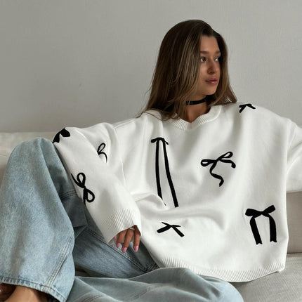 Women's Bow Contrast Color Pullover Lazy Loose Long Sleeve Knitted Sweater