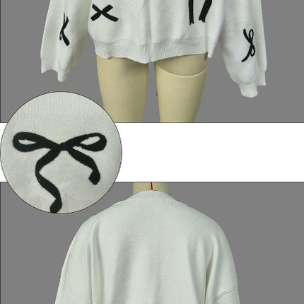 Women's Bow Contrast Color Pullover Lazy Loose Long Sleeve Knitted Sweater