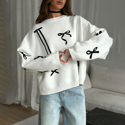Women's Bow Contrast Color Pullover Lazy Loose Long Sleeve Knitted Sweater