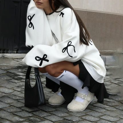 Women's Bow Contrast Color Pullover Lazy Loose Long Sleeve Knitted Sweater