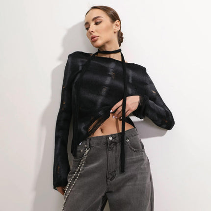 Women's Ripped Drop Shoulder Long Sleeve Loose Sweater Pullovers Top