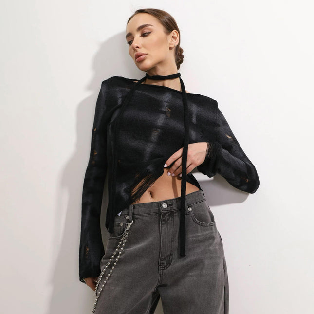 Women's Ripped Drop Shoulder Long Sleeve Loose Sweater Pullovers Top