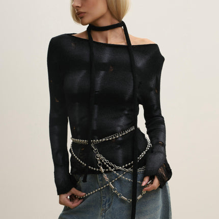 Women's Ripped Drop Shoulder Long Sleeve Loose Sweater Pullovers Top