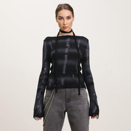 Women's Ripped Drop Shoulder Long Sleeve Loose Sweater Pullovers Top