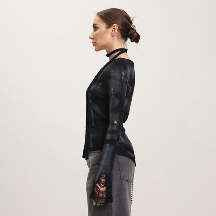 Women's Ripped Drop Shoulder Long Sleeve Loose Sweater Pullovers Top