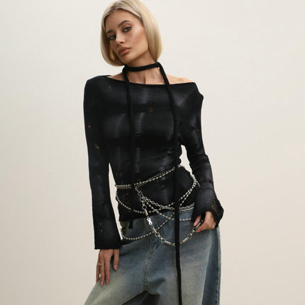 Women's Ripped Drop Shoulder Long Sleeve Loose Sweater Pullovers Top