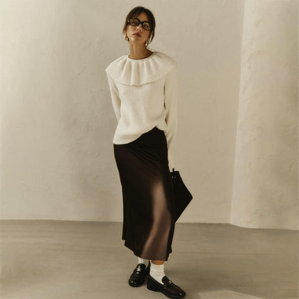 Women's Ruffled Pullover Sweater With Flared Sleeves, Round Neck and Slim Fit