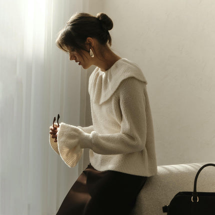 Women's Ruffled Pullover Sweater With Flared Sleeves, Round Neck and Slim Fit