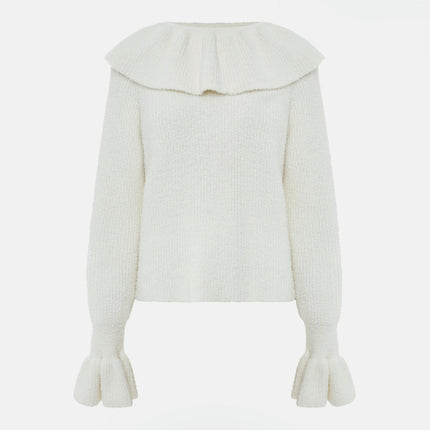 Women's Ruffled Pullover Sweater With Flared Sleeves, Round Neck and Slim Fit