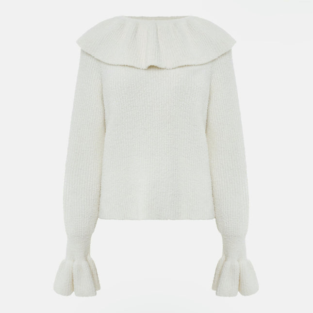 Women's Ruffled Pullover Sweater With Flared Sleeves, Round Neck and Slim Fit
