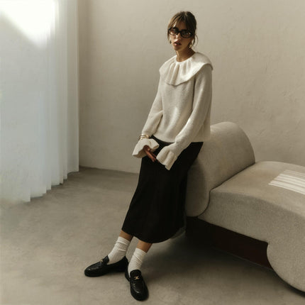 Women's Ruffled Pullover Sweater With Flared Sleeves, Round Neck and Slim Fit