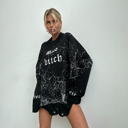 Long Sleeve Ripped Sweatshirt Women's Large Size Loose Round Neck Printed Top