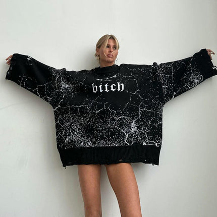 Long Sleeve Ripped Sweatshirt Women's Large Size Loose Round Neck Printed Top