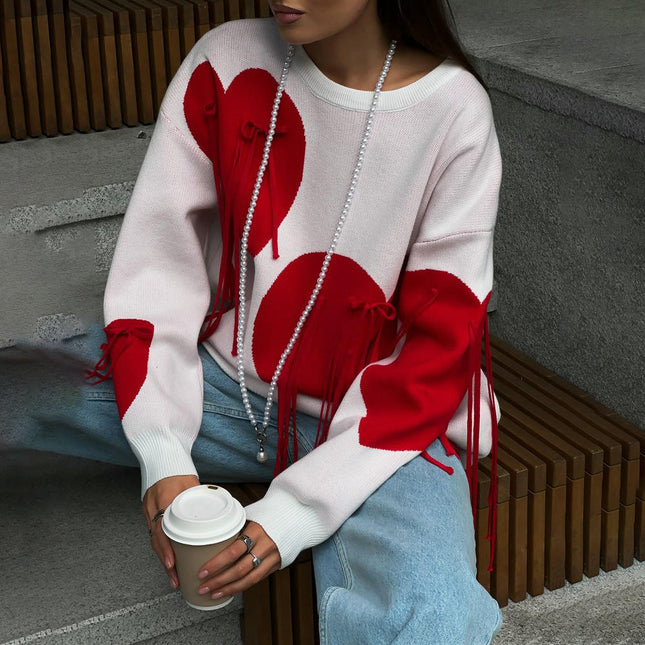 Women's Heart Tassel Ribbon Contrast Color Knit Top Long Sleeve Pullover Sweater