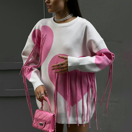 Women's Heart Tassel Ribbon Contrast Color Knit Top Long Sleeve Pullover Sweater
