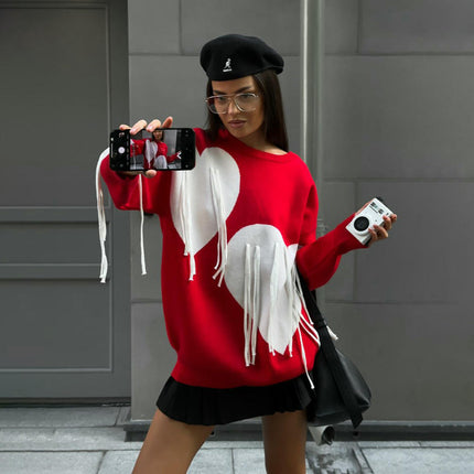 Women's Heart Tassel Ribbon Contrast Color Knit Top Long Sleeve Pullover Sweater