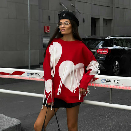 Women's Heart Tassel Ribbon Contrast Color Knit Top Long Sleeve Pullover Sweater